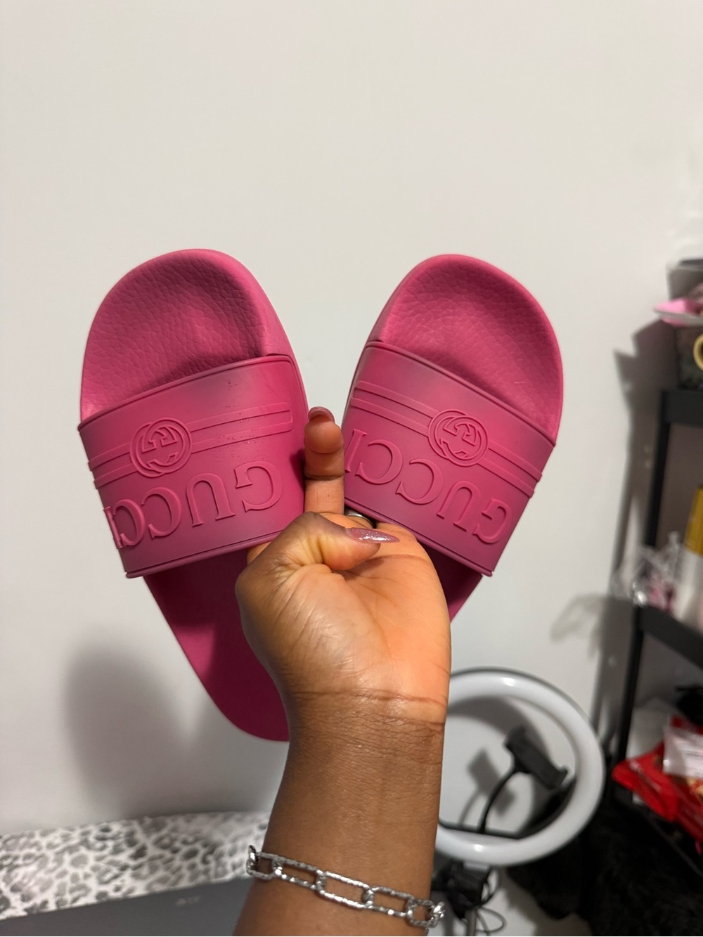 Gucci Hot Pink Rubber Logo Slide Sandals